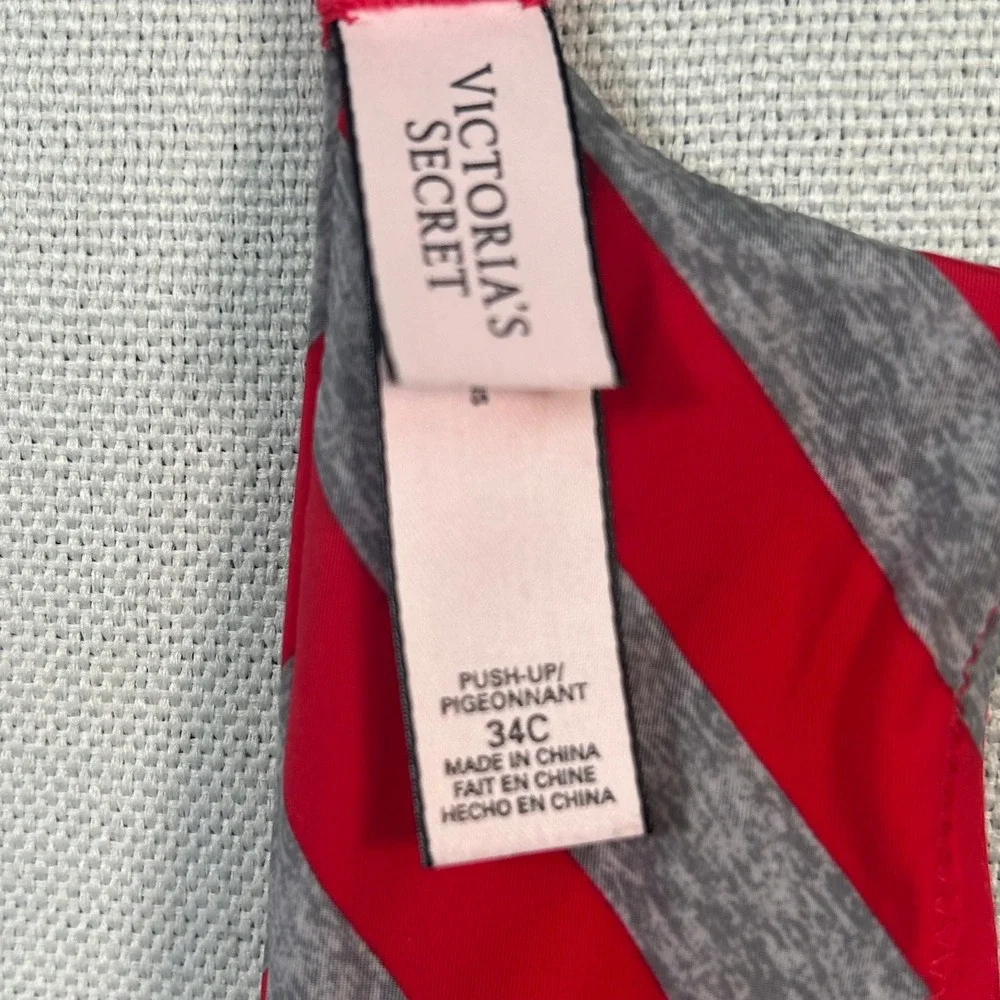 Victorias Secret Push-Up Bra 34C Gray Red Polka Dot Lace Trim Underwire Padded